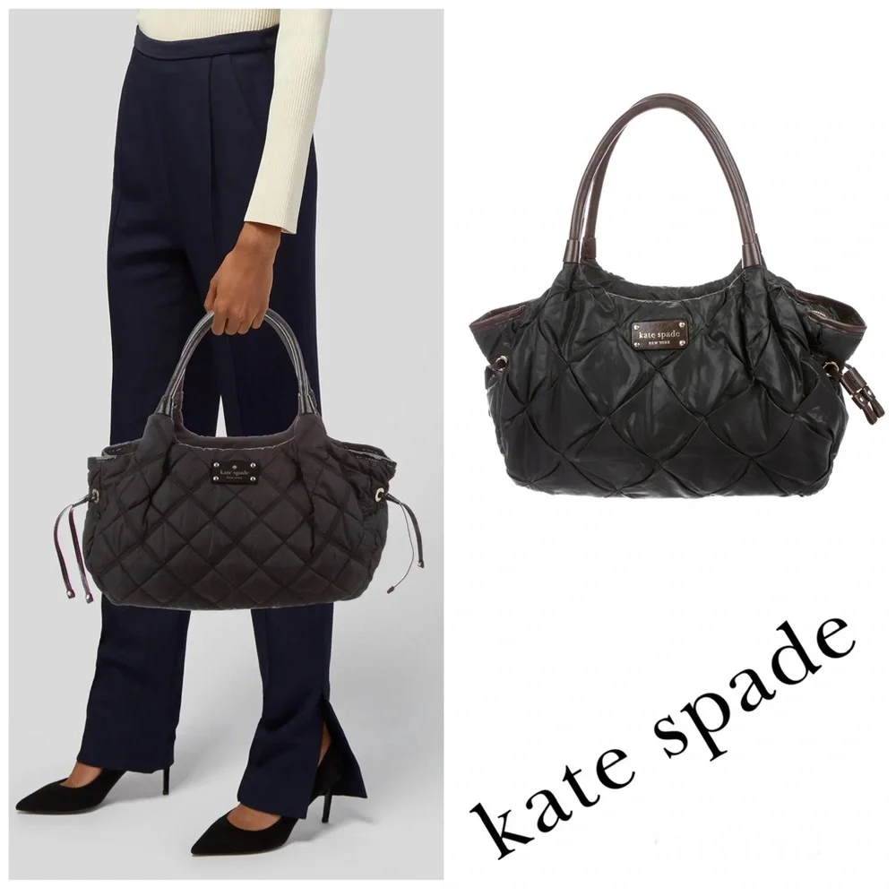 KATE SPADE Stevie Black Quilted Nylon Patent Leather Studded Shoulder Bag Tote